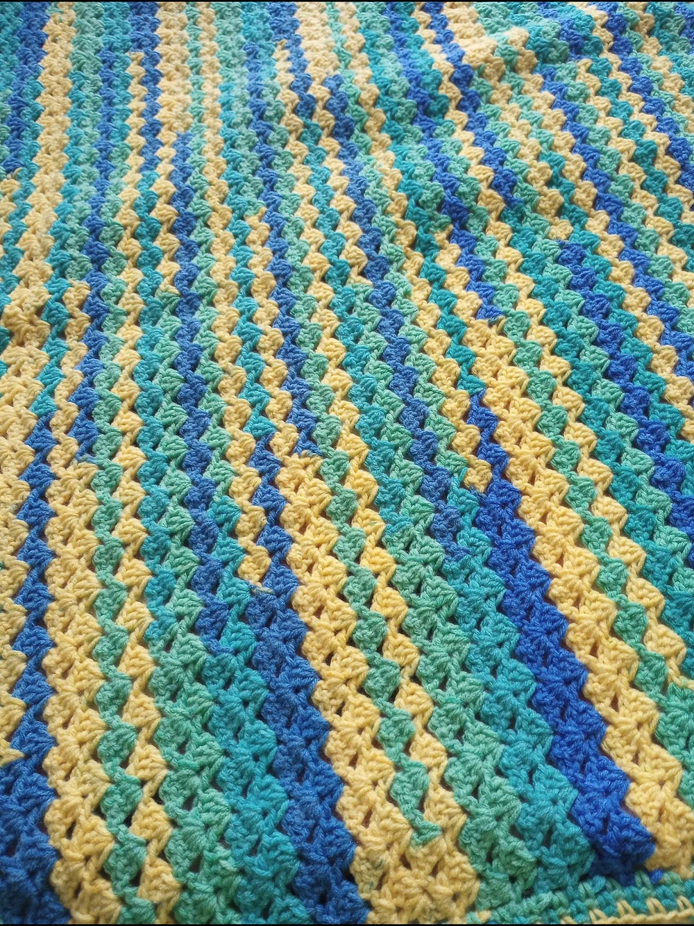 Handmade Crochet Baby Blanket in Yellow, Teal & Blue